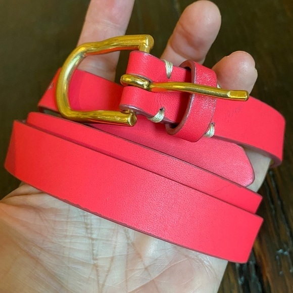 Vintage Accessories - Vintage ColdWater Creek Red Reddish Pink Gold Buckle Leather Belt Size Small